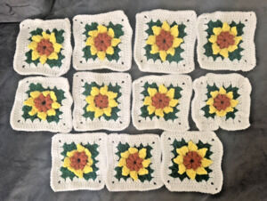 NEW - Handmade Crocheted 3D Sunflower Granny Squares 5" - Set of 11 - 4 Colors
